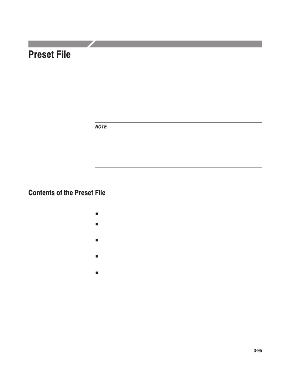 Preset file, Contents of the preset file | Tektronix MTG100 User Manual | Page 154 / 250