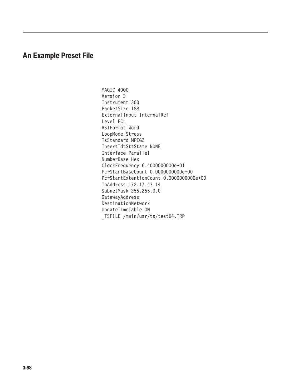 An example preset file | Tektronix MTG100 User Manual | Page 157 / 250