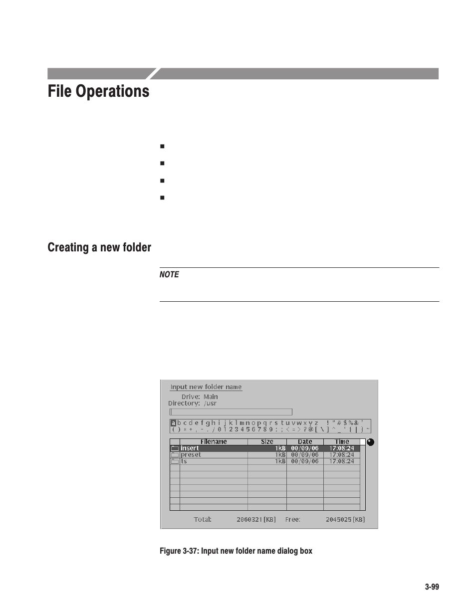 File operations, Creating a new folder | Tektronix MTG100 User Manual | Page 158 / 250