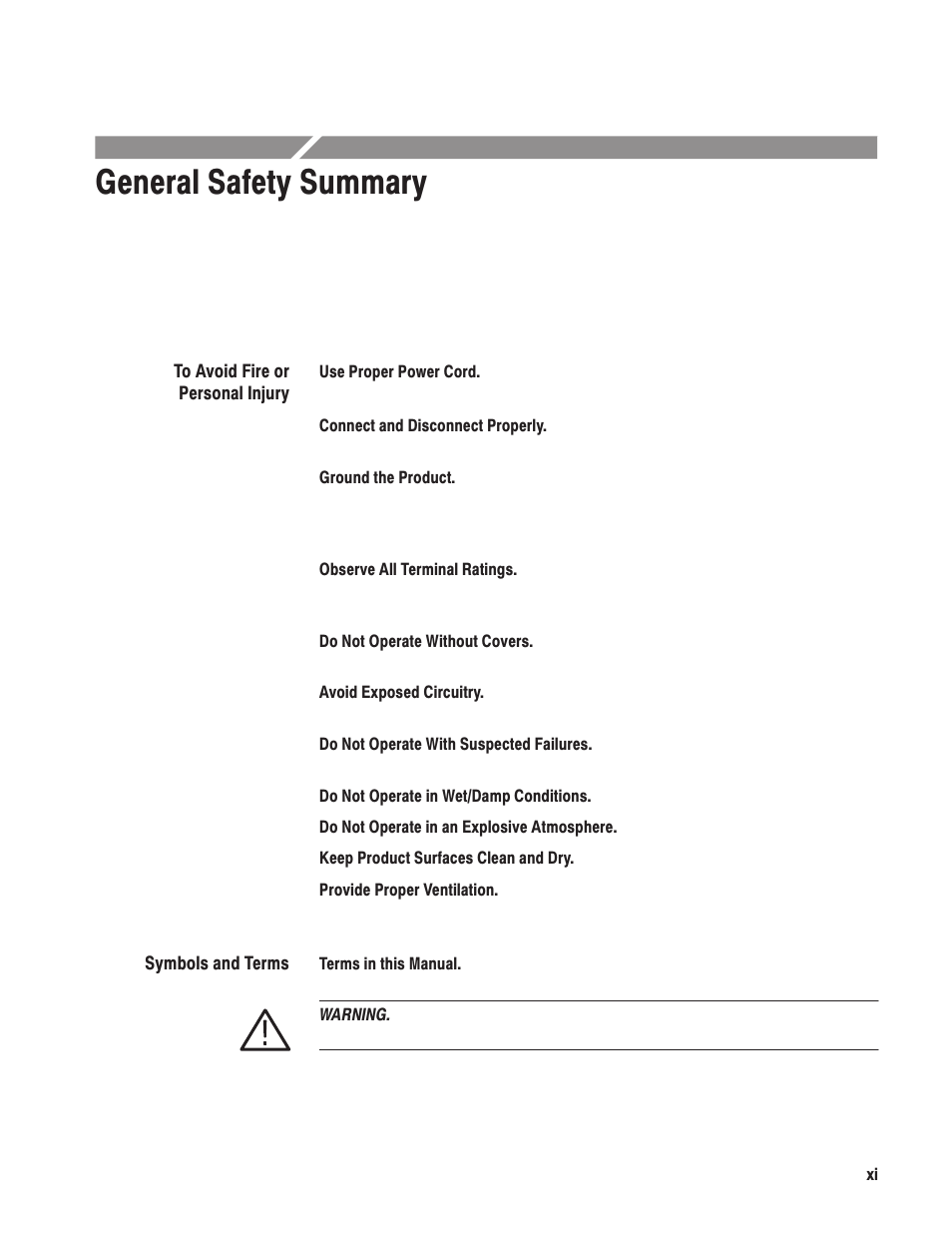Generalsafety summary | Tektronix MTG100 User Manual | Page 16 / 250