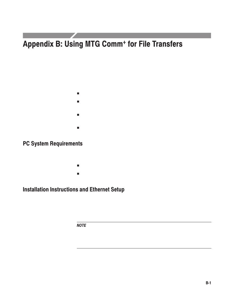 Appendix b: using mtg comm, For file transfers, Pc system requirements | Installation instructions and ethernet setup | Tektronix MTG100 User Manual | Page 174 / 250