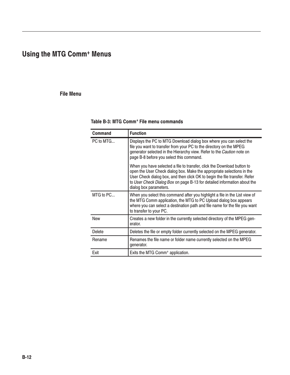 Using the mtg comm, Menus | Tektronix MTG100 User Manual | Page 185 / 250