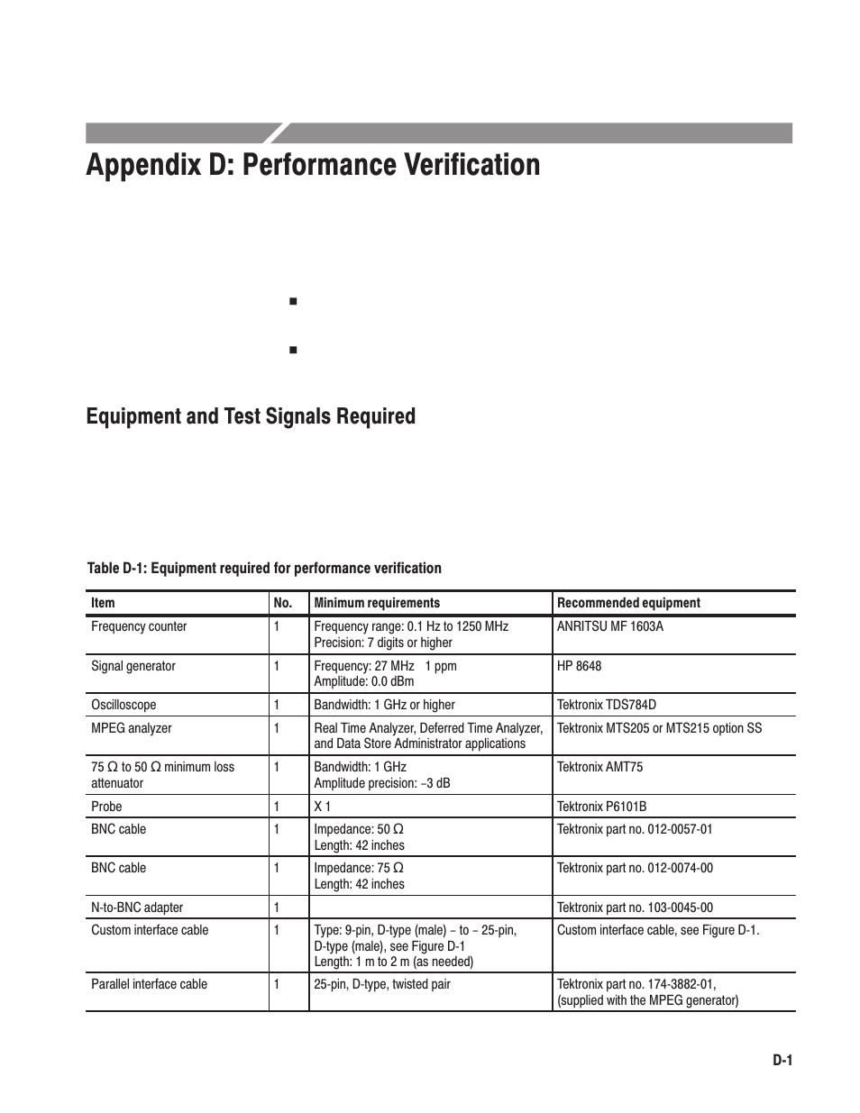 Appendix d: performance verification, Equipmentand testsignals required | Tektronix MTG100 User Manual | Page 222 / 250