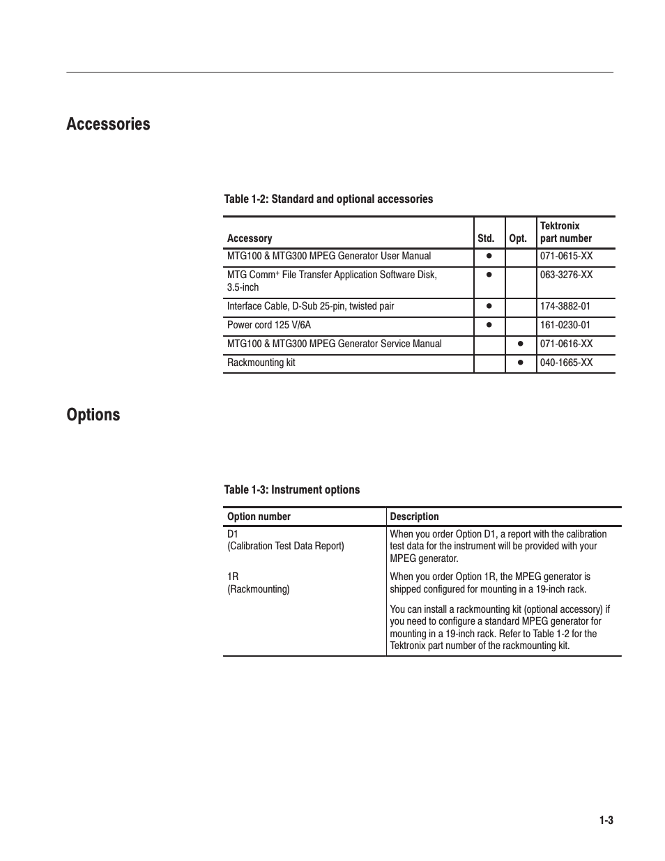 Accessories, Options | Tektronix MTG100 User Manual | Page 24 / 250