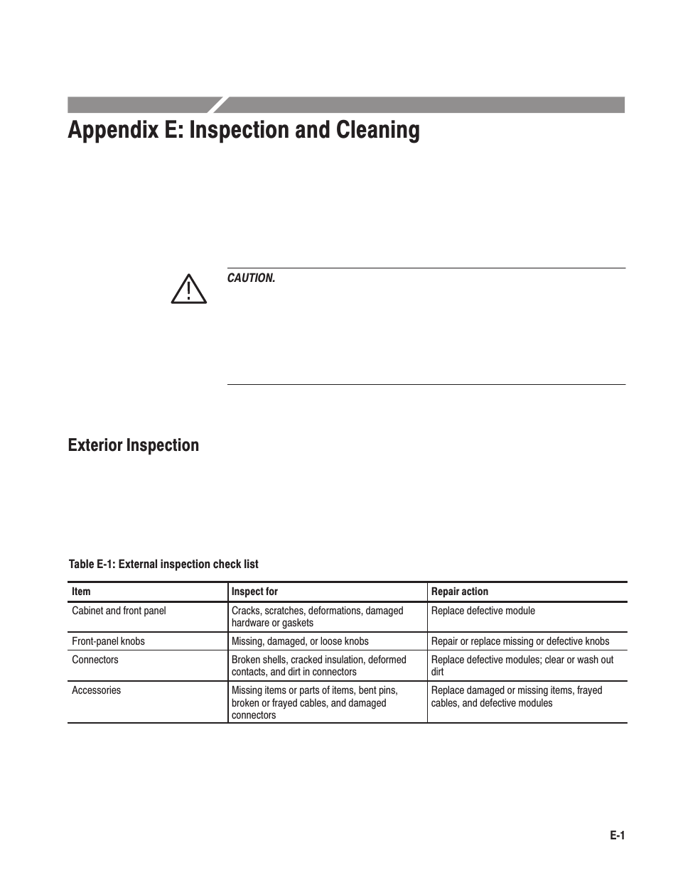 Appendix e: inspection and cleaning, Exterior inspection | Tektronix MTG100 User Manual | Page 240 / 250