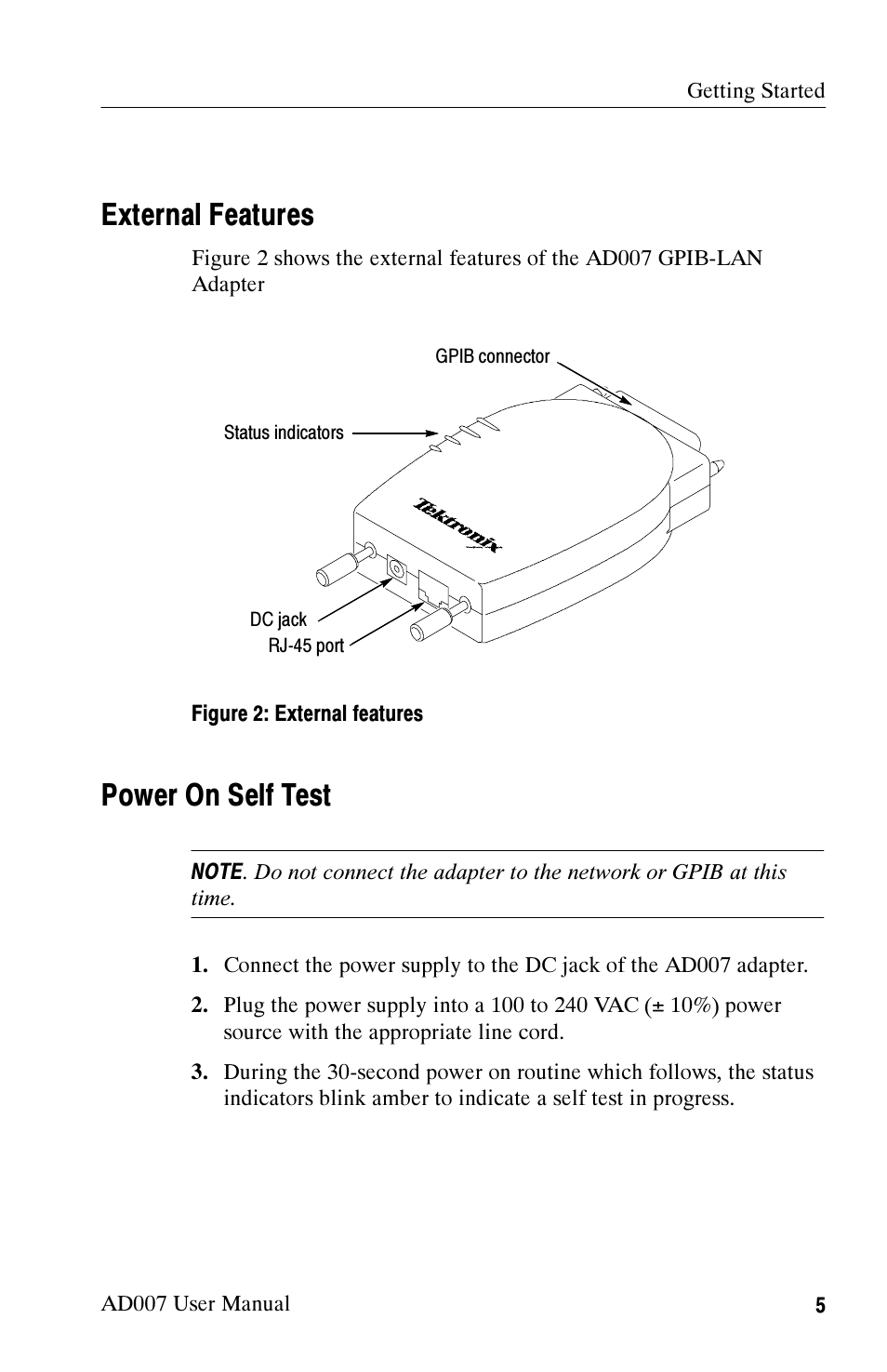 External features, Power on self test | Tektronix AD007 User Manual | Page 19 / 88