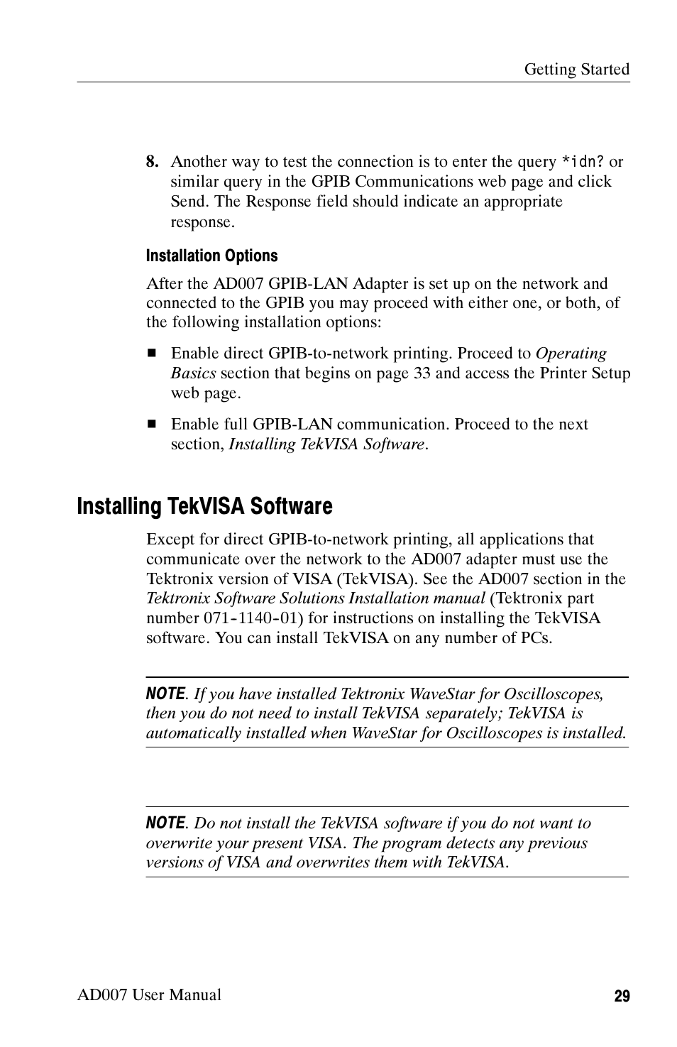 Installing tekvisa software | Tektronix AD007 User Manual | Page 43 / 88