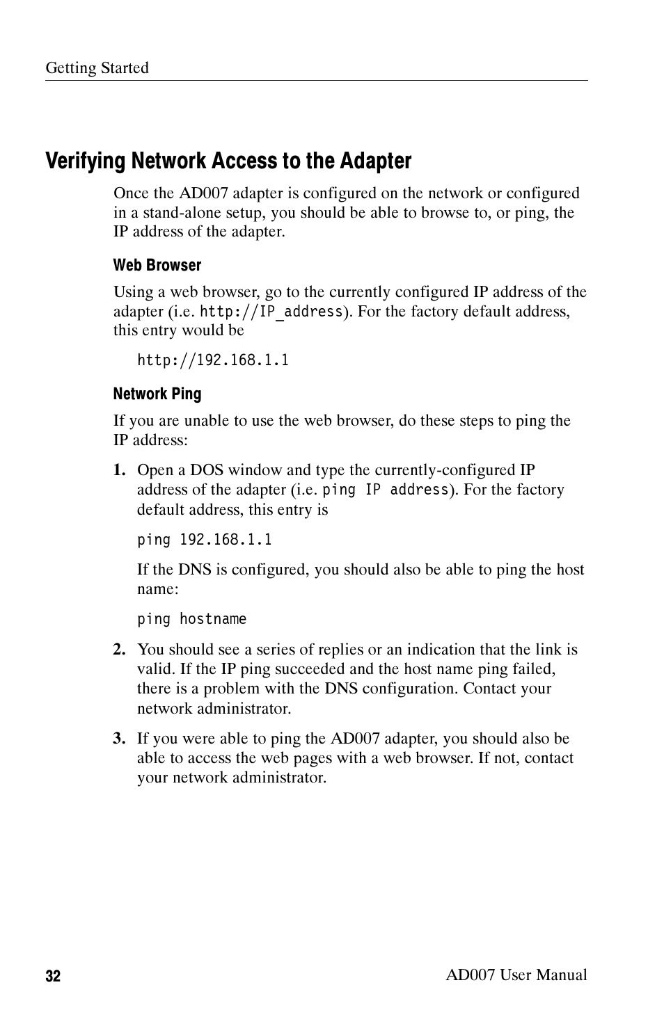 Verifying network access to the adapter | Tektronix AD007 User Manual | Page 46 / 88