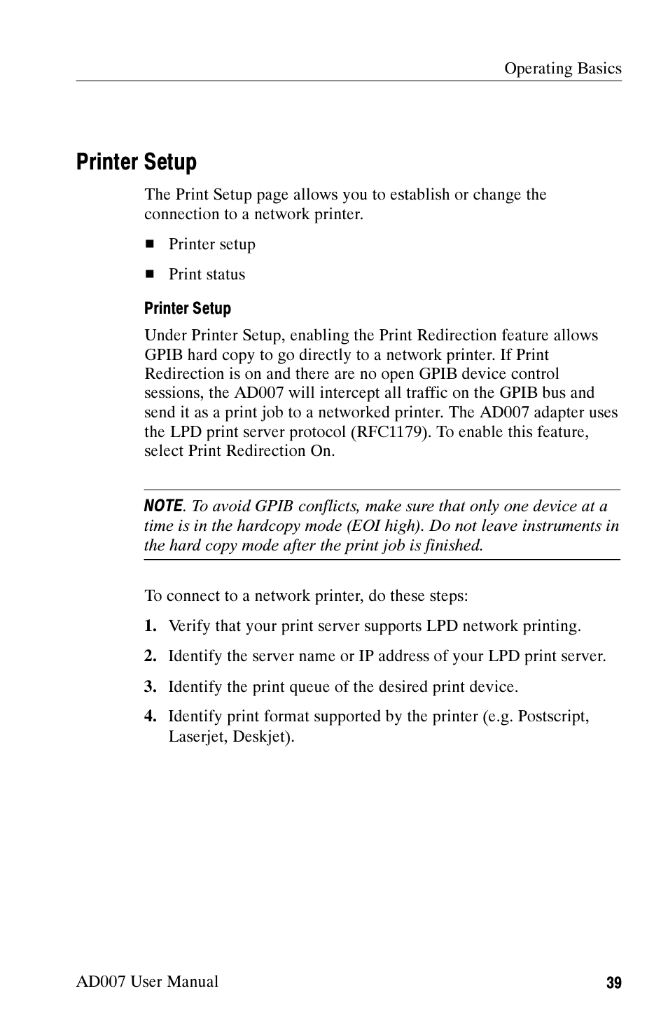 Printer setup | Tektronix AD007 User Manual | Page 53 / 88