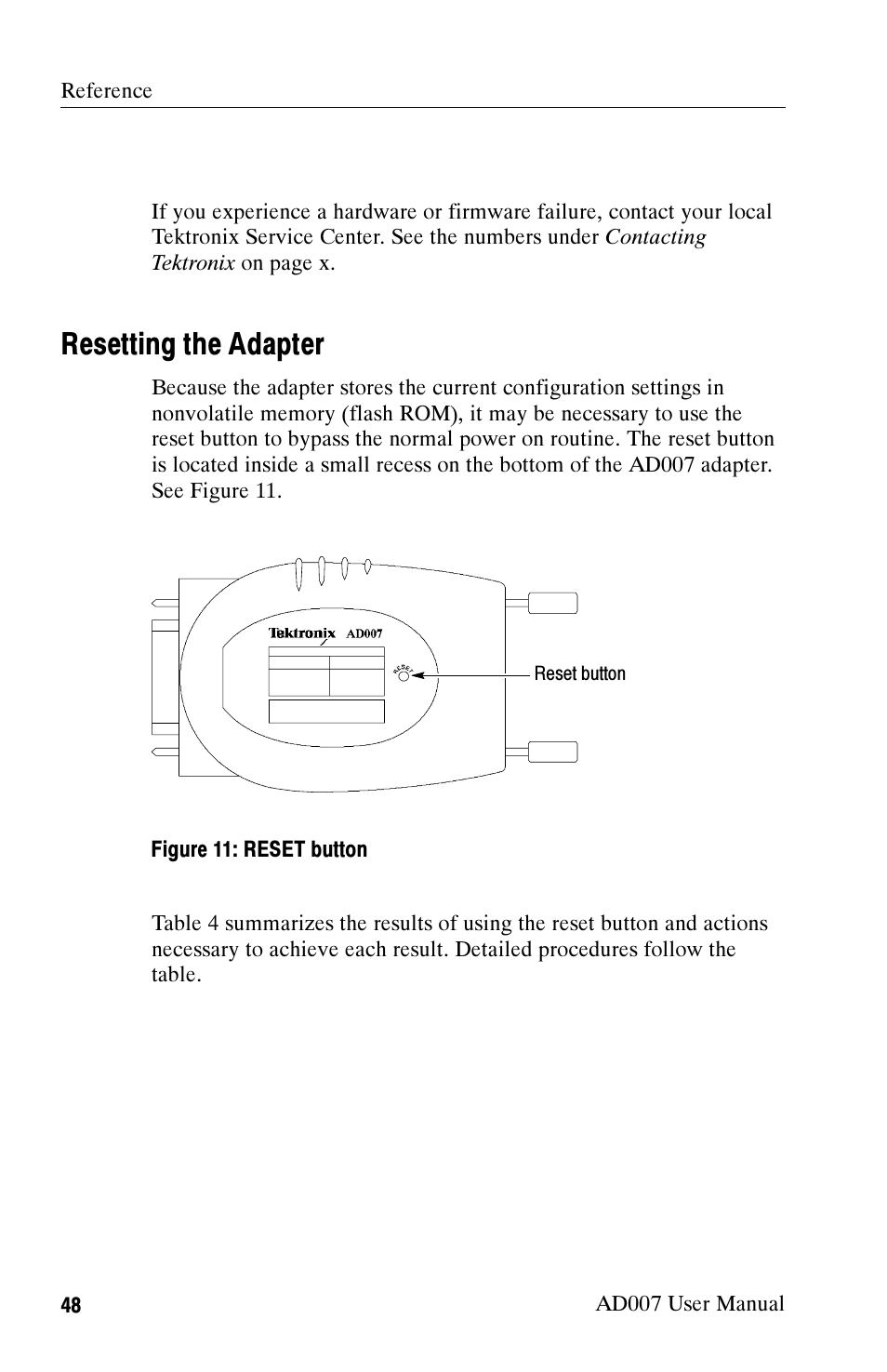 Resetting the adapter | Tektronix AD007 User Manual | Page 62 / 88