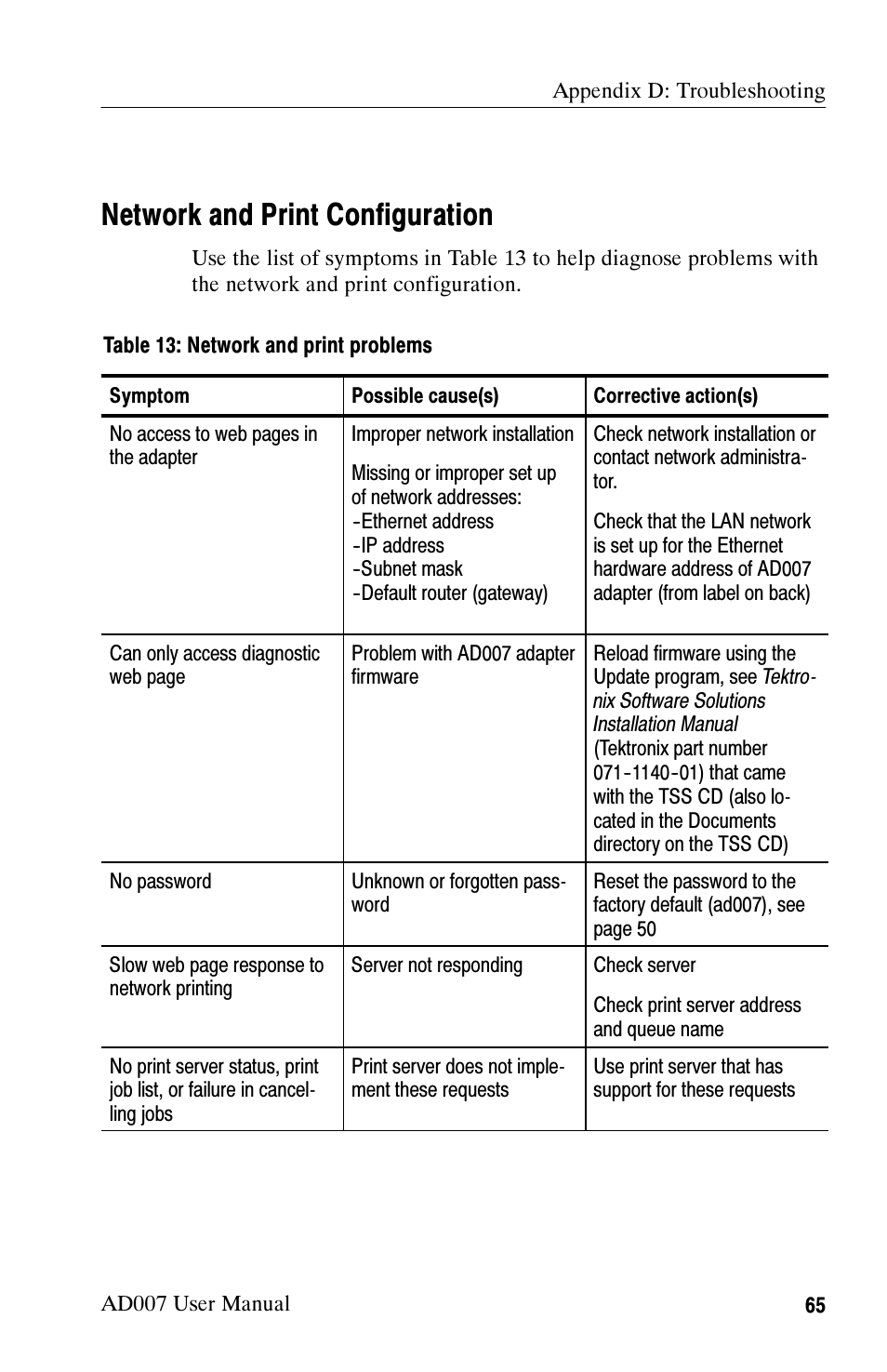 Network and print configuration | Tektronix AD007 User Manual | Page 79 / 88