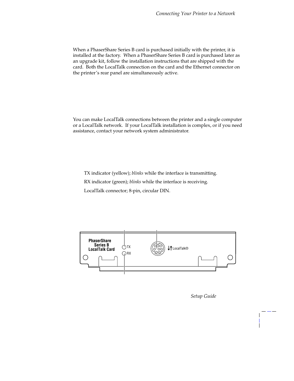 Phasershareseriesb localtalk card, Localtalk connection, Phasershare series b localtalk card 19 | Phasershare series b localtalk card | Tektronix Phasershare Printer User Manual | Page 25 / 82