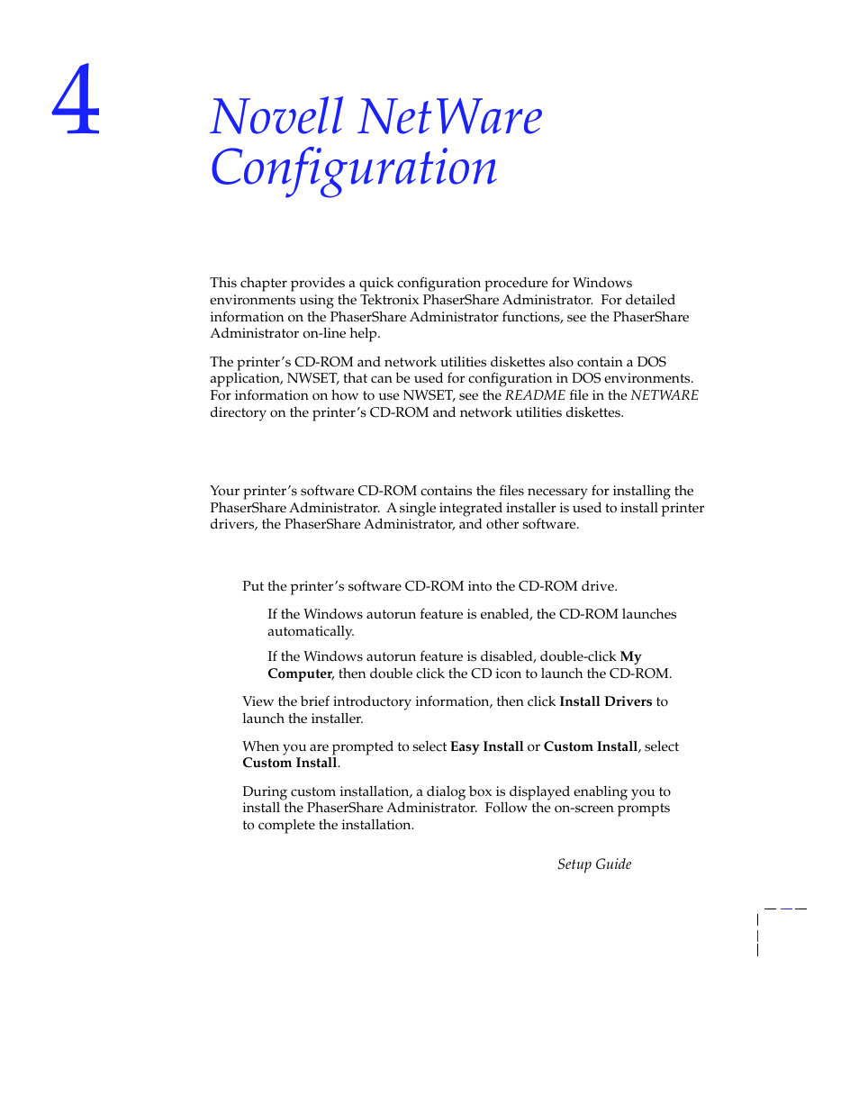 Novell netware configuration, Installing the phasershare administrator, Installing the phasershare administrator 23 | Tektronix Phasershare Printer User Manual | Page 29 / 82