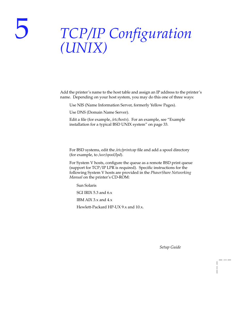 Tcp/ip configuration (unix), Adding the printer to the host table, Assigning a print queue to the printer | Tcp/ip configuration (unix)”) | Tektronix Phasershare Printer User Manual | Page 37 / 82