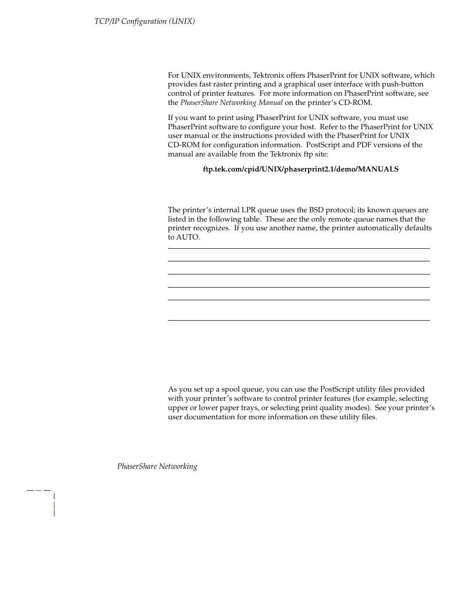 Assigning print queues with phaserprint for unix, Required remote printer queue names | Tektronix Phasershare Printer User Manual | Page 38 / 82