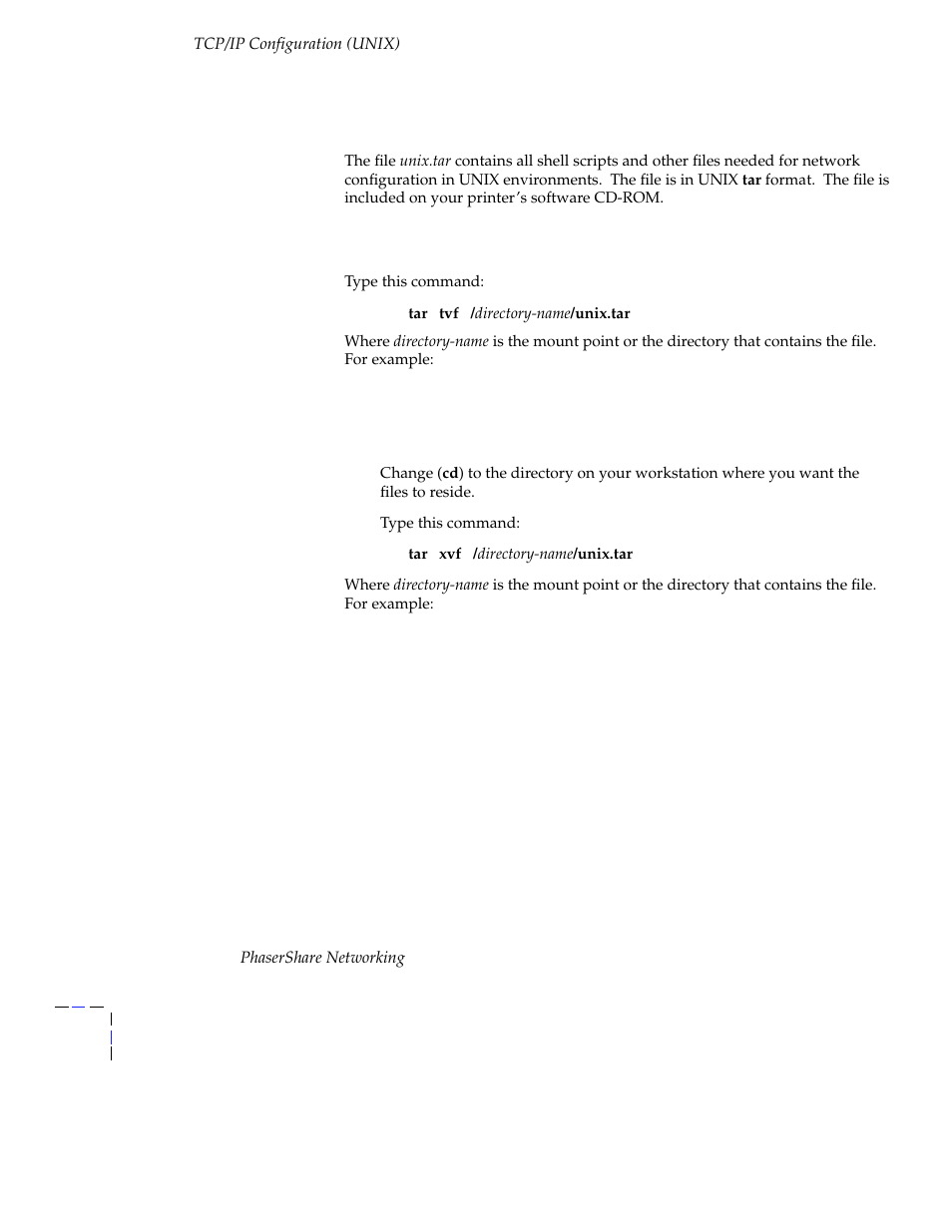 Extracting files from unix.tar, Listing the contents of unix.tar, Extracting the files | Extracting files from unix.tar 36, Unix.tar, Listing the contents of | Tektronix Phasershare Printer User Manual | Page 42 / 82