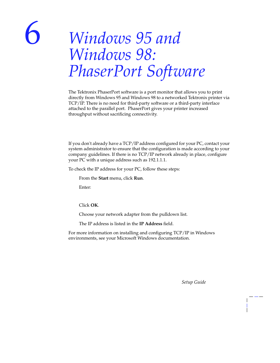 Windows 95 and windows 98: phaserport software, Tcp/ip configuration for the pc, Tcp/ip configuration for the pc 37 | Tektronix Phasershare Printer User Manual | Page 43 / 82