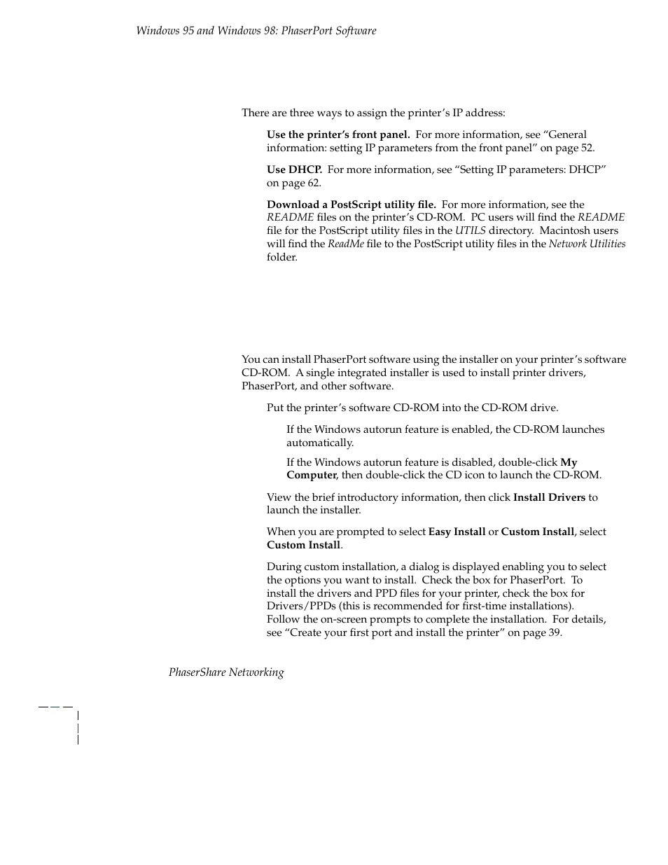 Setting the printer’s ip address, Phaserport software installation, Using the installer | Tektronix Phasershare Printer User Manual | Page 44 / 82