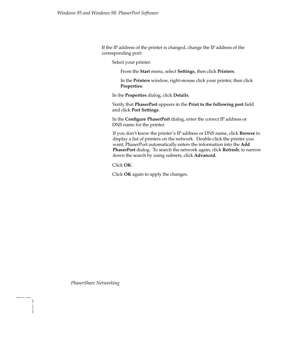 Changing a port’s ip address, Changing a port’s ip address 42 | Tektronix Phasershare Printer User Manual | Page 48 / 82