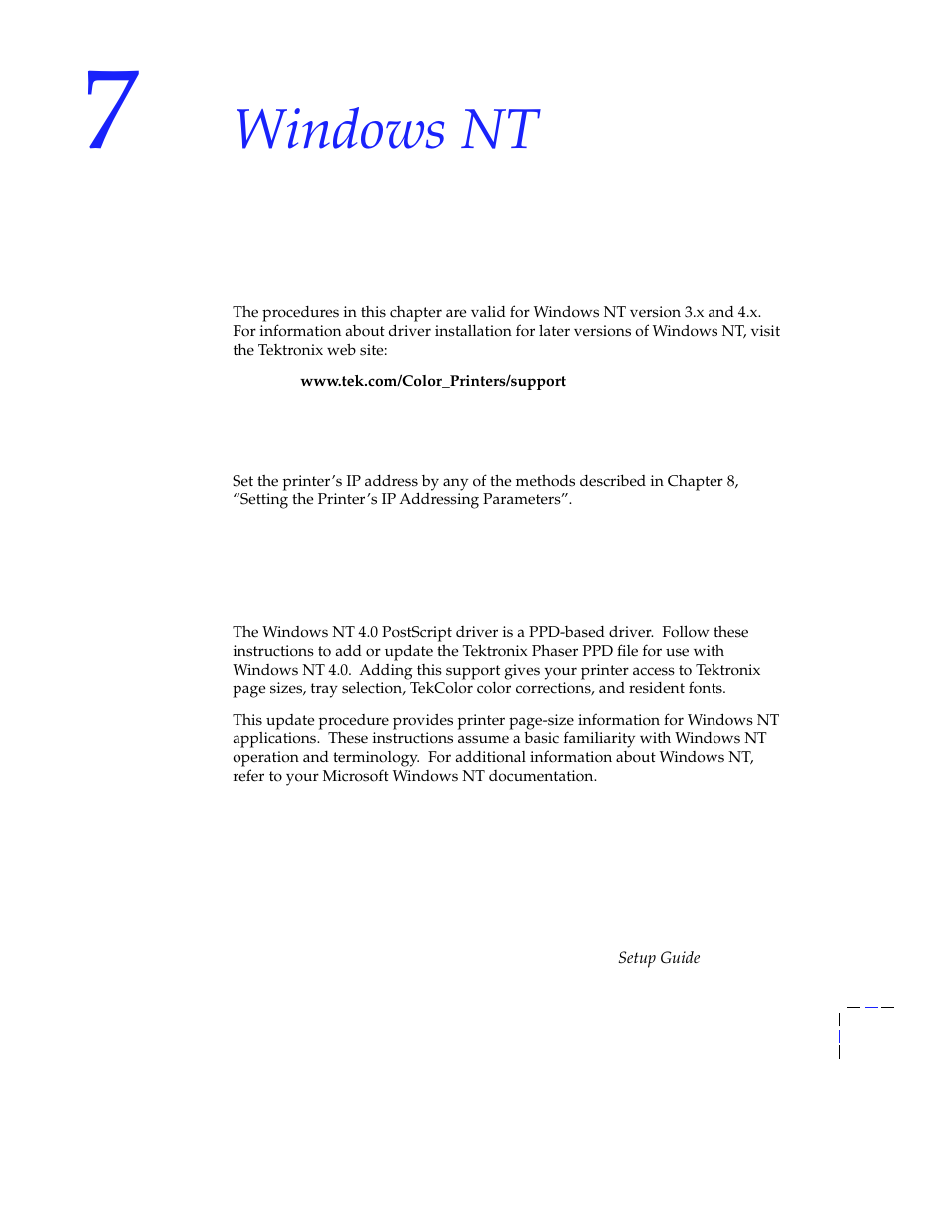 Windowsnt, Setting the printer’s ip address, Windows nt | Tektronix Phasershare Printer User Manual | Page 49 / 82