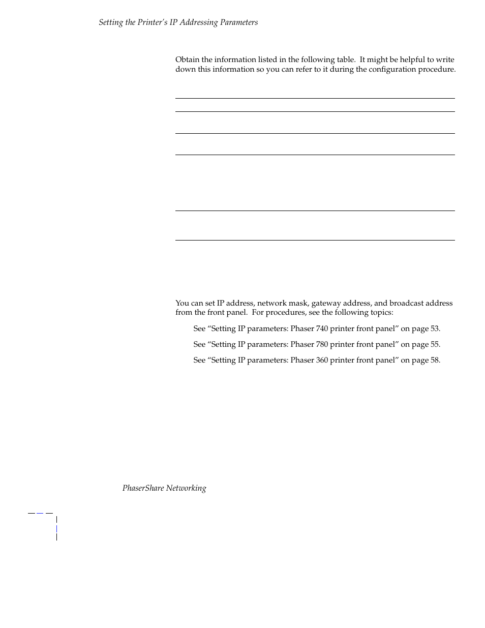 E information, see “general, See “general information: setting ip | Tektronix Phasershare Printer User Manual | Page 58 / 82