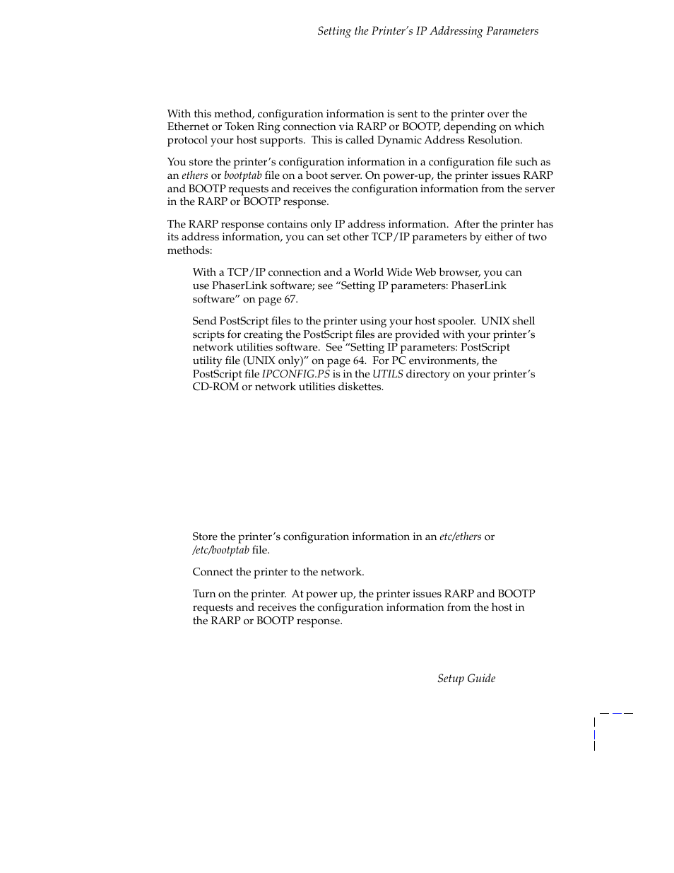 Setting ip parameters: rarp or bootp, Setting ip parameters: rarp or bootp 61 | Tektronix Phasershare Printer User Manual | Page 67 / 82