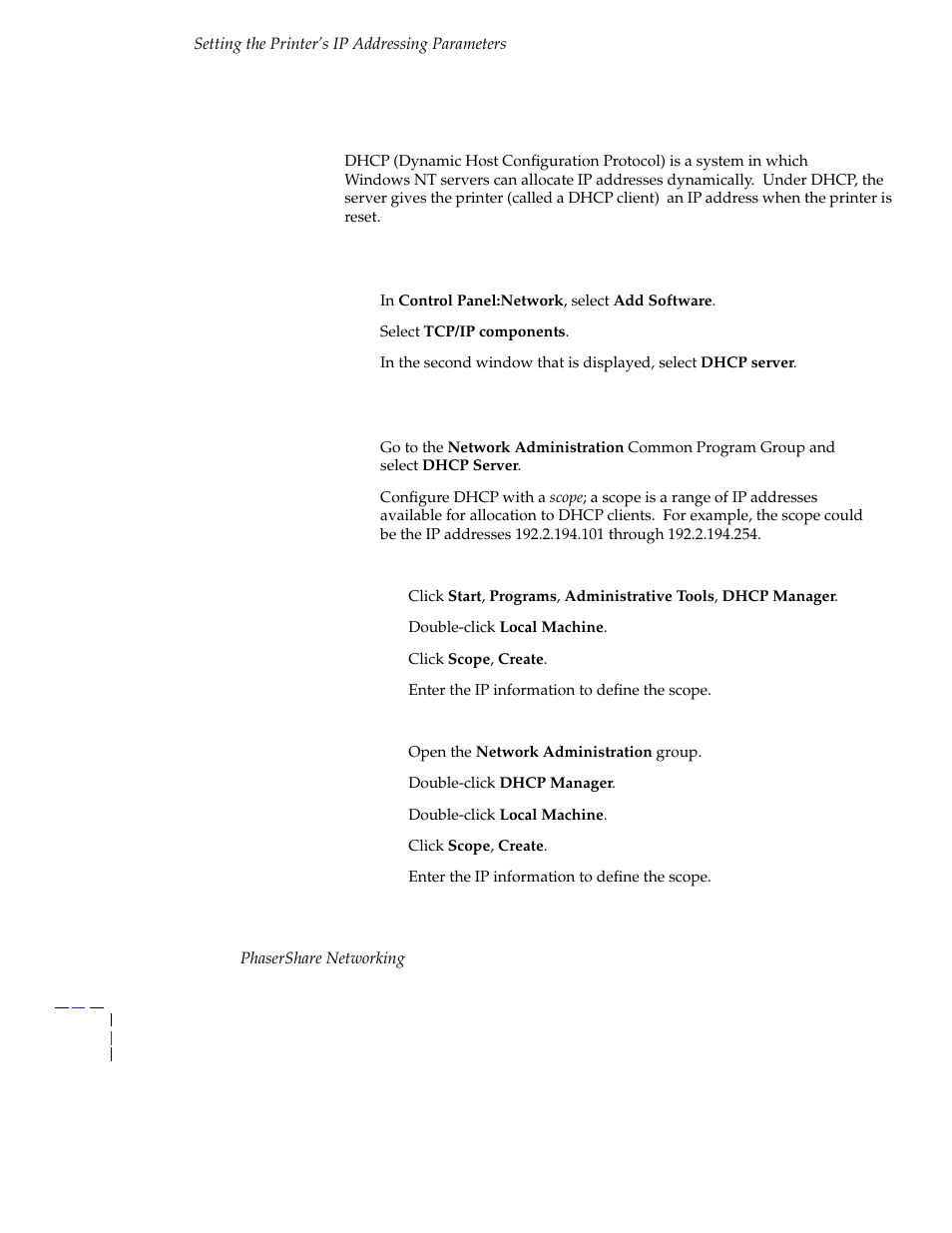 Setting ip parameters: dhcp, Installing the dhcp server, Setting up a dhcp server | Setting ip parameters: dhcp 62, E information, see “setting ip parameters: dhcp | Tektronix Phasershare Printer User Manual | Page 68 / 82