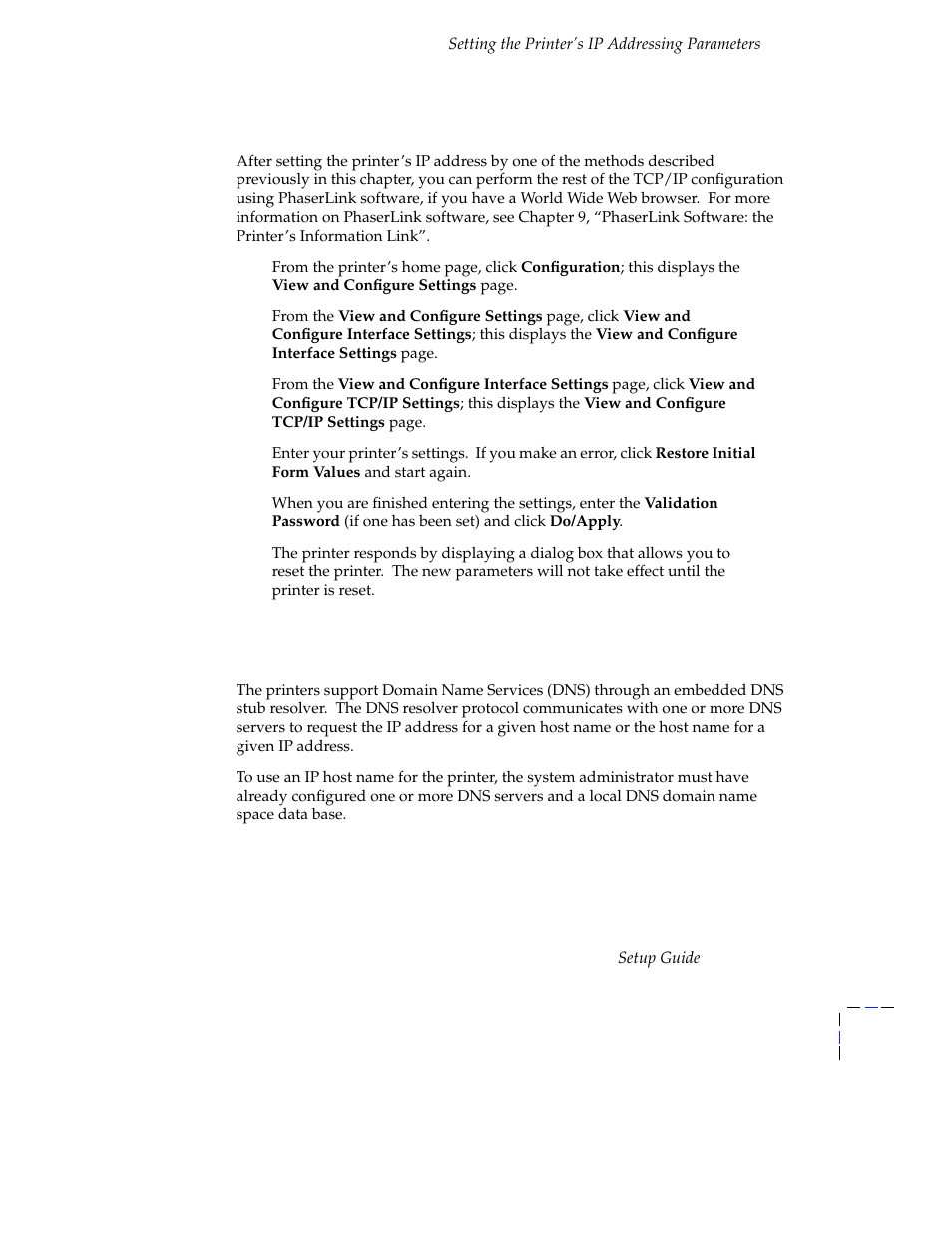 Setting ip parameters: phaserlink software, Dns (phaser740 and 780 printersonly) | Tektronix Phasershare Printer User Manual | Page 73 / 82