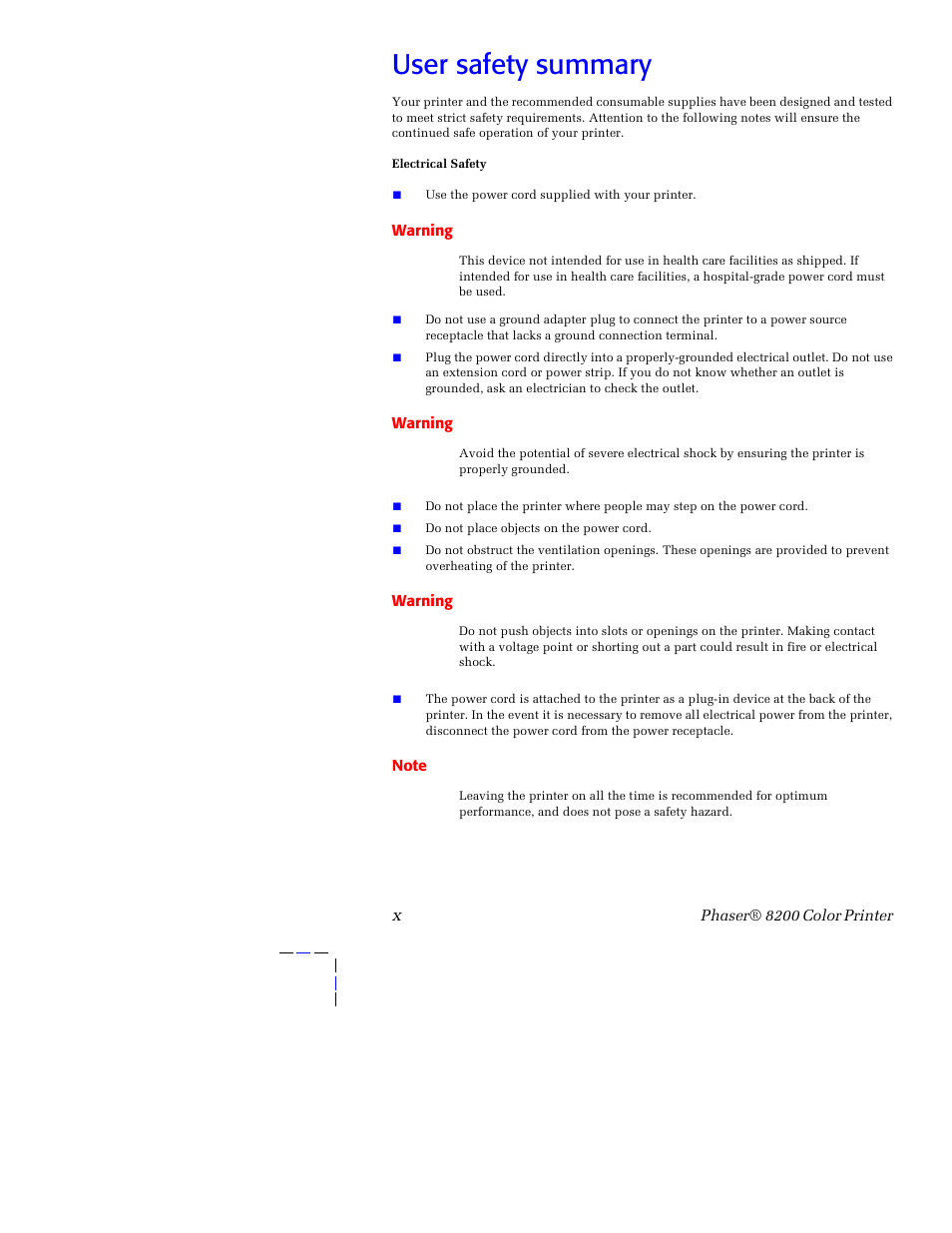 User safety summary | Tektronix Phaser 8200 User Manual | Page 10 / 109