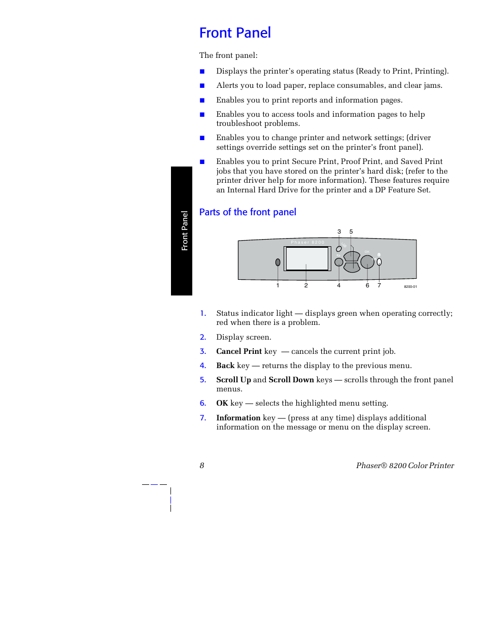 Front panel, Parts of the front panel | Tektronix Phaser 8200 User Manual | Page 22 / 109