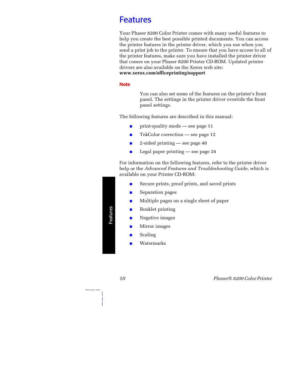 Features | Tektronix Phaser 8200 User Manual | Page 24 / 109