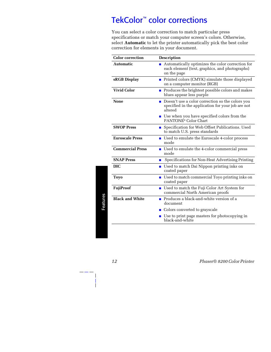 Tekcolor™ color corrections, Tekcolor, Color corrections | Tektronix Phaser 8200 User Manual | Page 26 / 109