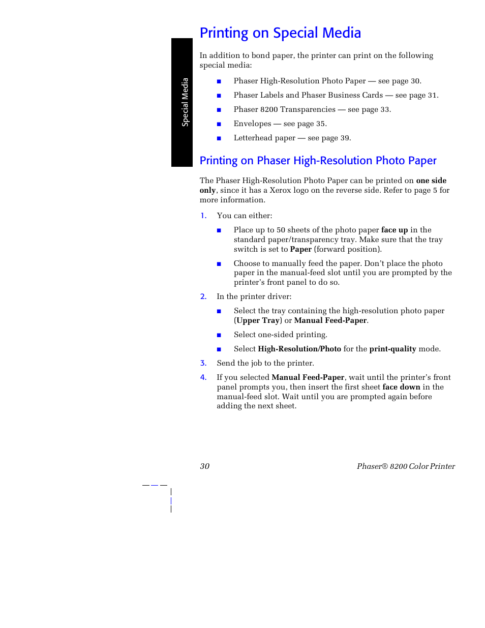 Printing on special media, Printing on phaser high-resolution photo paper | Tektronix Phaser 8200 User Manual | Page 44 / 109