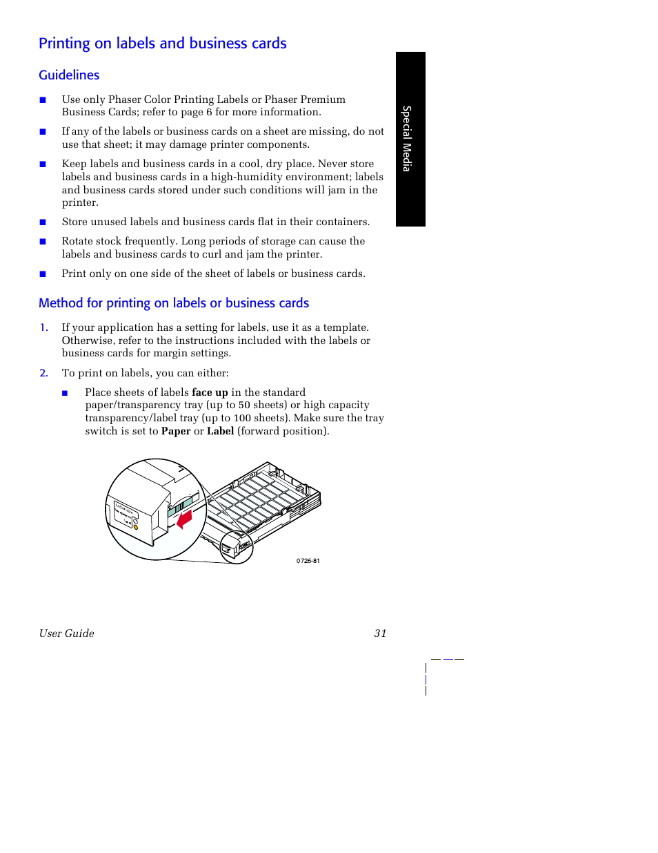 Printing on labels and business cards, Guidelines, Method for printing on labels or business cards | Tektronix Phaser 8200 User Manual | Page 45 / 109