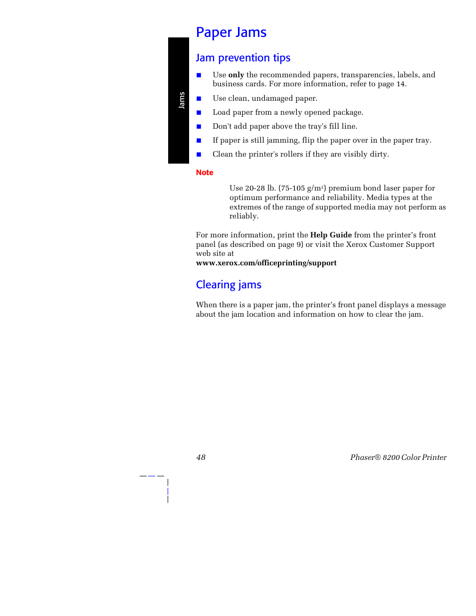 Paper jams, Jam prevention tips, Clearing jams | Jam prevention tips clearing jams | Tektronix Phaser 8200 User Manual | Page 62 / 109