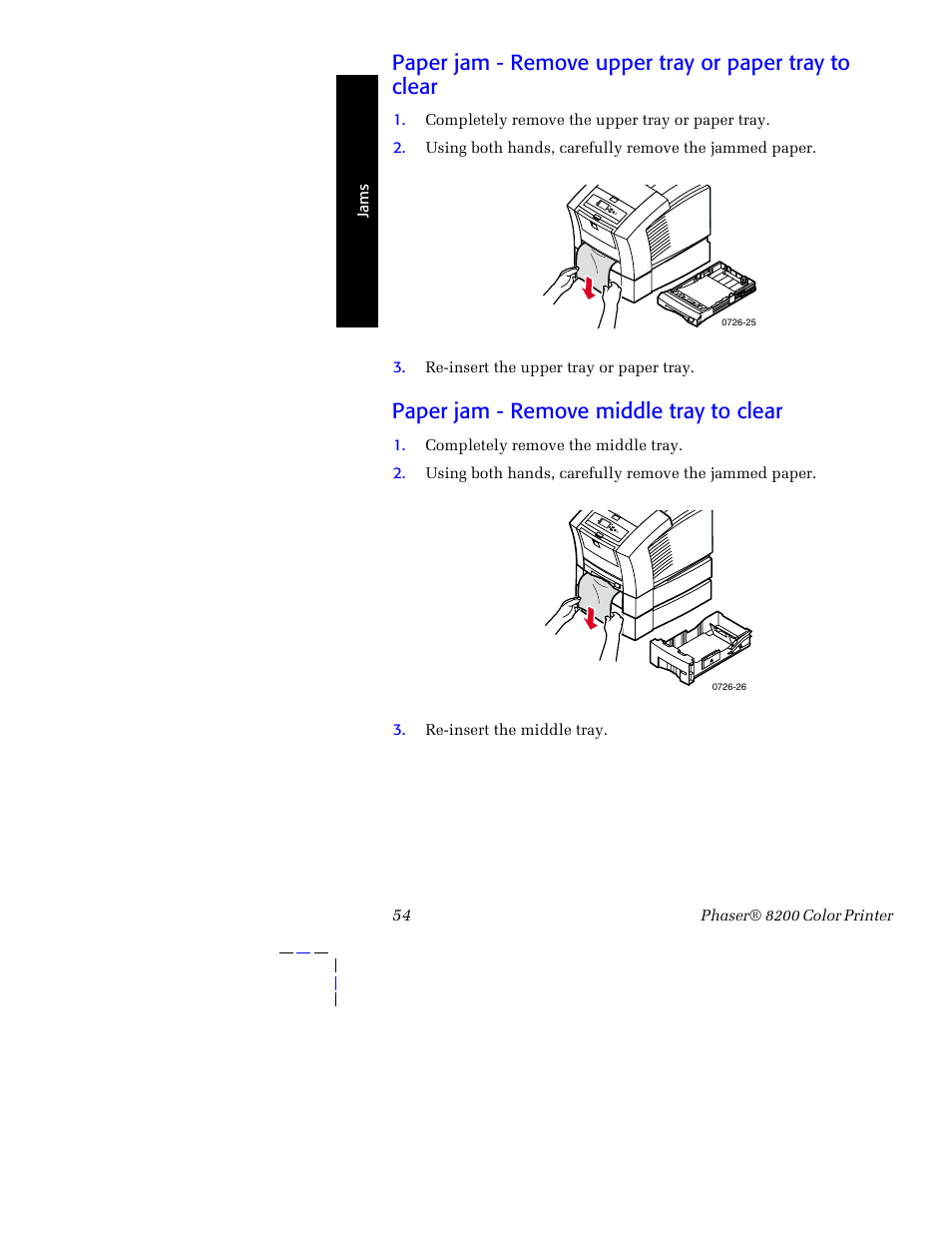 Paper jam - remove middle tray to clear | Tektronix Phaser 8200 User Manual | Page 68 / 109