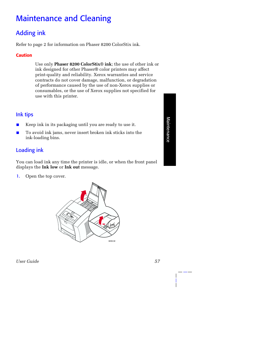 Maintenance and cleaning, Adding ink | Tektronix Phaser 8200 User Manual | Page 71 / 109