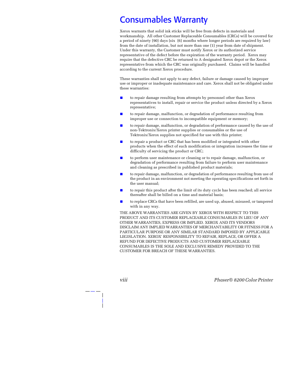 Consumables warranty, Viii | Tektronix Phaser 8200 User Manual | Page 8 / 109