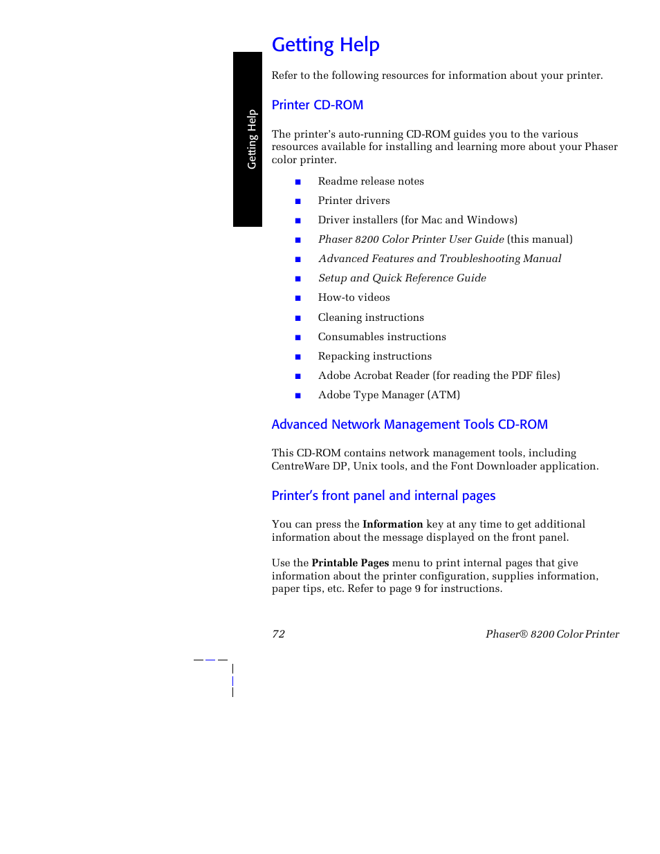 Getting help, Printer cd-rom, Advanced network management tools cd-rom | Printer’s front panel and internal pages | Tektronix Phaser 8200 User Manual | Page 86 / 109