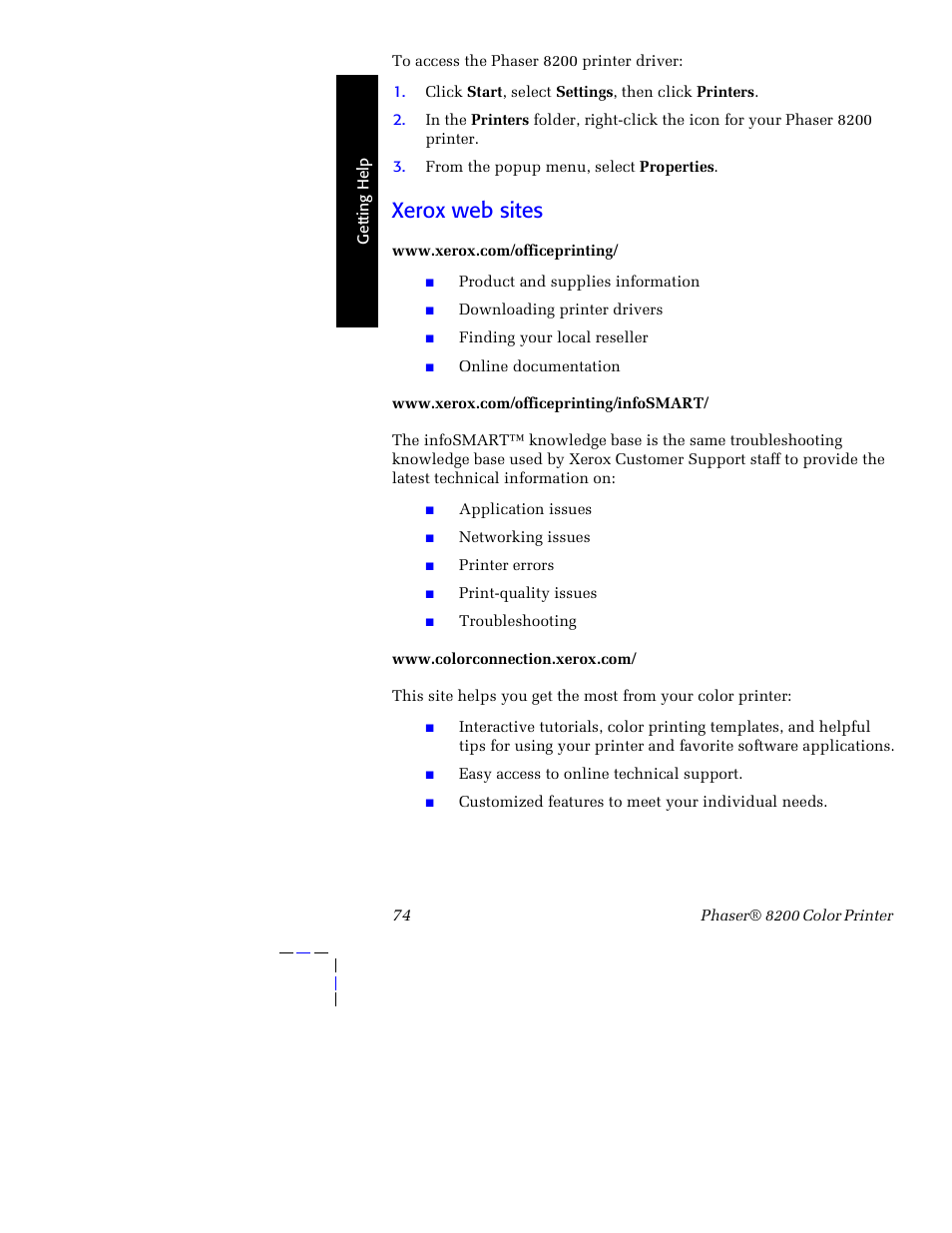 Xerox web sites | Tektronix Phaser 8200 User Manual | Page 88 / 109