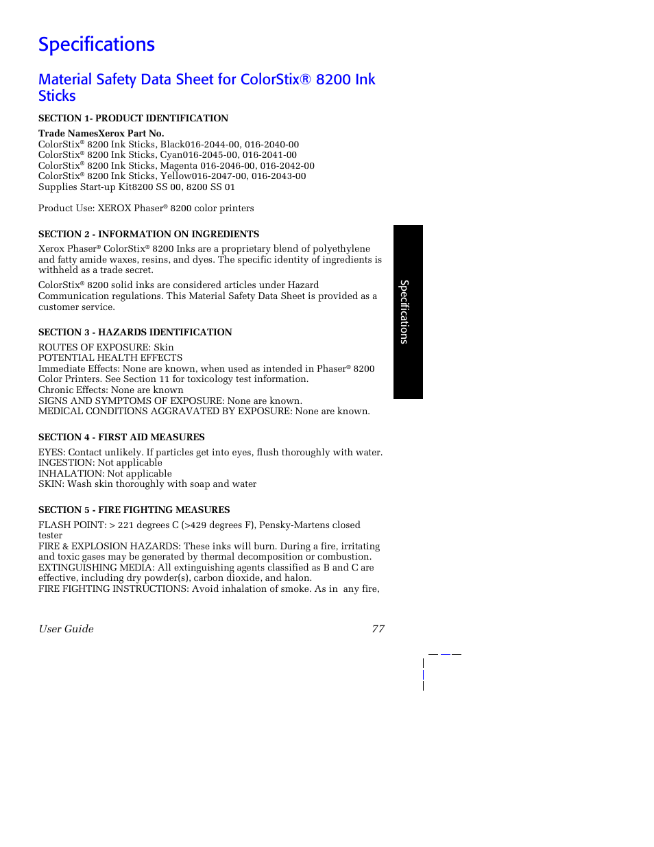 Specifications | Tektronix Phaser 8200 User Manual | Page 91 / 109