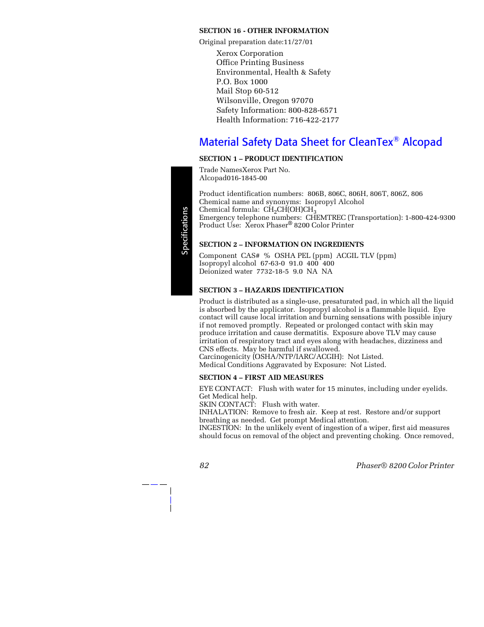 Material safety data sheet for cleantex® alcopad, Material safety data sheet for cleantex, Alcopad | Tektronix Phaser 8200 User Manual | Page 96 / 109