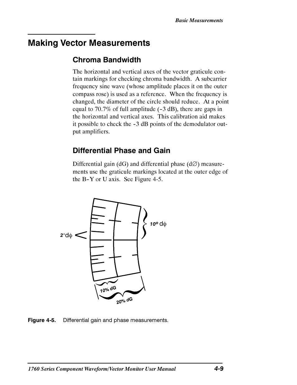 Making vector measurements, Chroma bandwidth, Differential phase and gain | Tektronix 1760 User Manual | Page 109 / 180