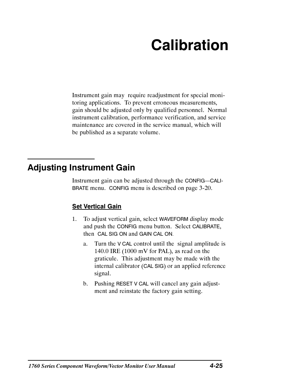 Calibration, Adjusting instrument gain | Tektronix 1760 User Manual | Page 125 / 180