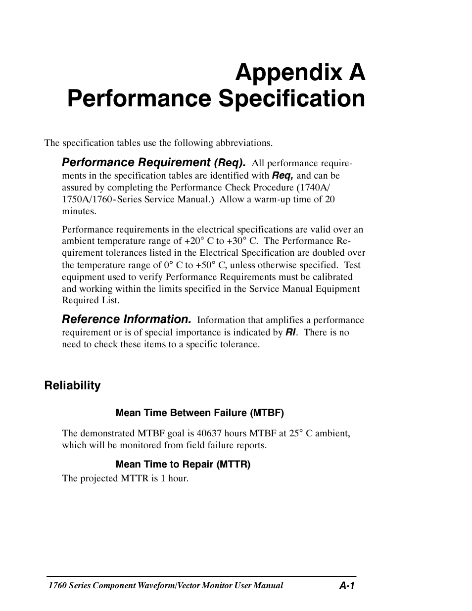 Appendix a performance specification, Reliability | Tektronix 1760 User Manual | Page 129 / 180