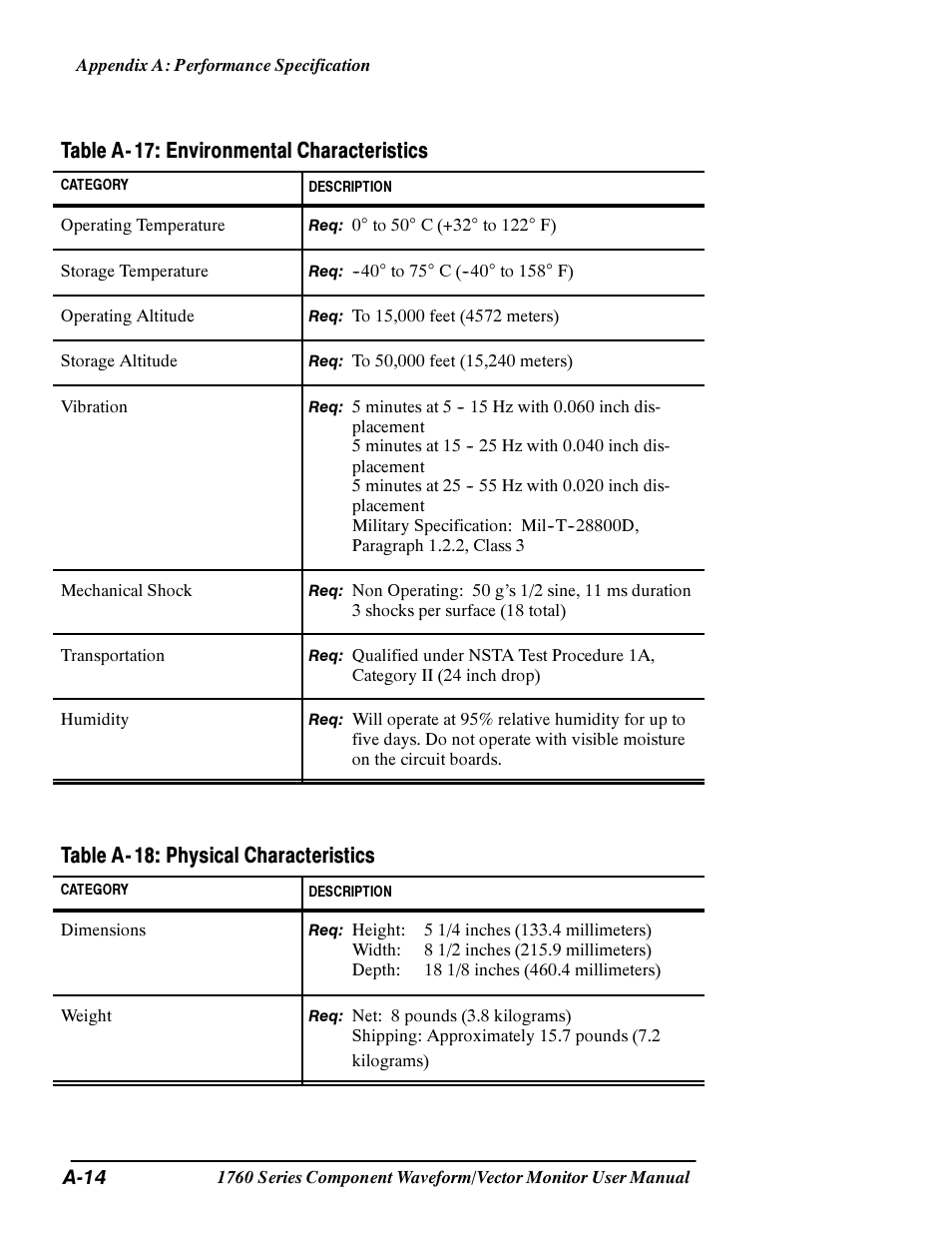 Table a- 17: environmental characteristics, Table a- 18: physical characteristics | Tektronix 1760 User Manual | Page 142 / 180