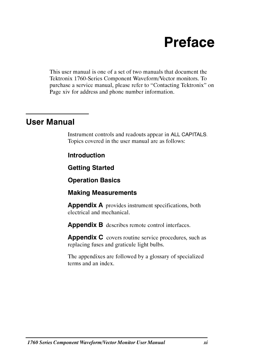 Preface, User manual | Tektronix 1760 User Manual | Page 15 / 180