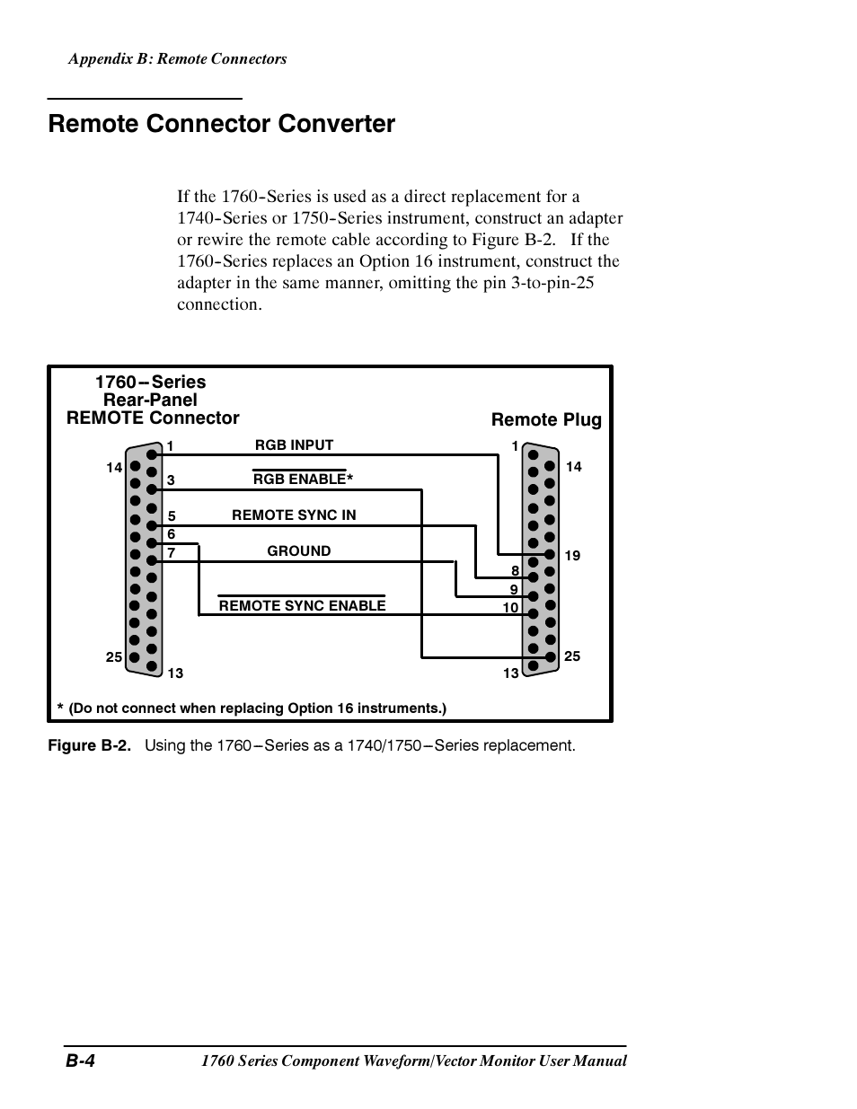 Remote connector converter, Remote plug, 1760 -- series rear-panel remote connector | Tektronix 1760 User Manual | Page 150 / 180