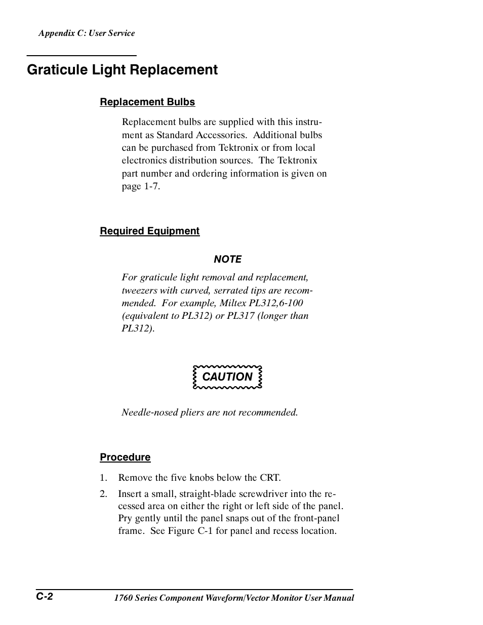 Graticule light replacement | Tektronix 1760 User Manual | Page 154 / 180