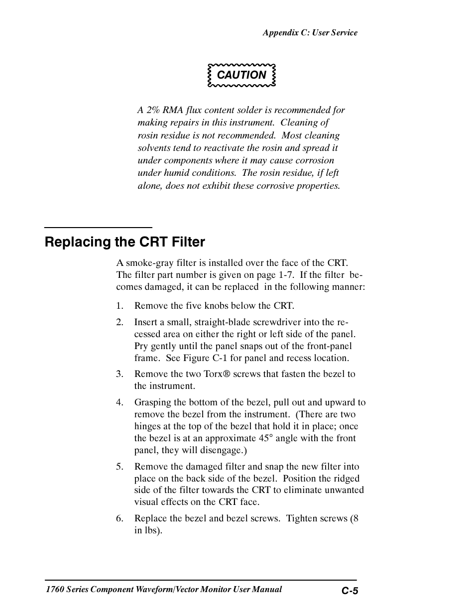 Replacing the crt filter | Tektronix 1760 User Manual | Page 157 / 180